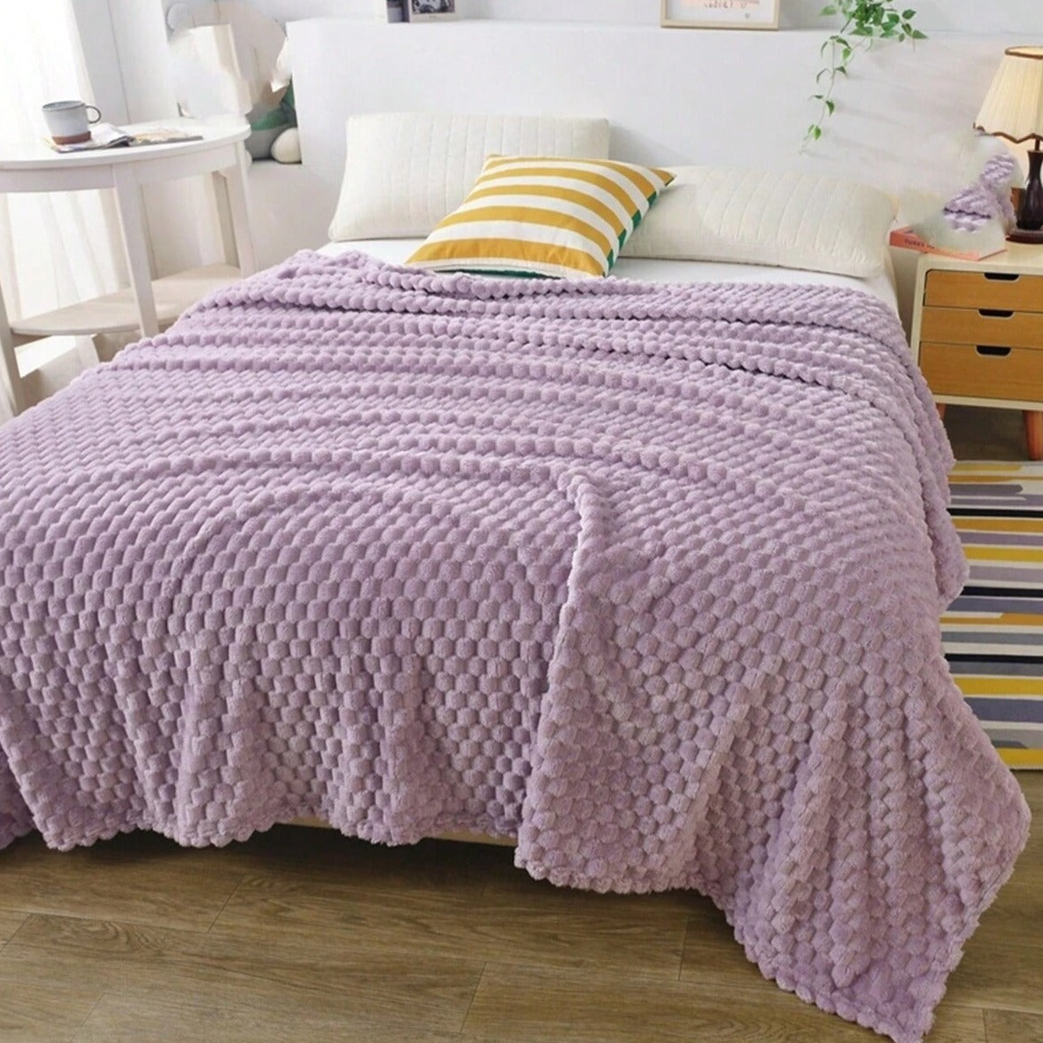Textured Plush Throw Blanket With Honeycomb Pattern